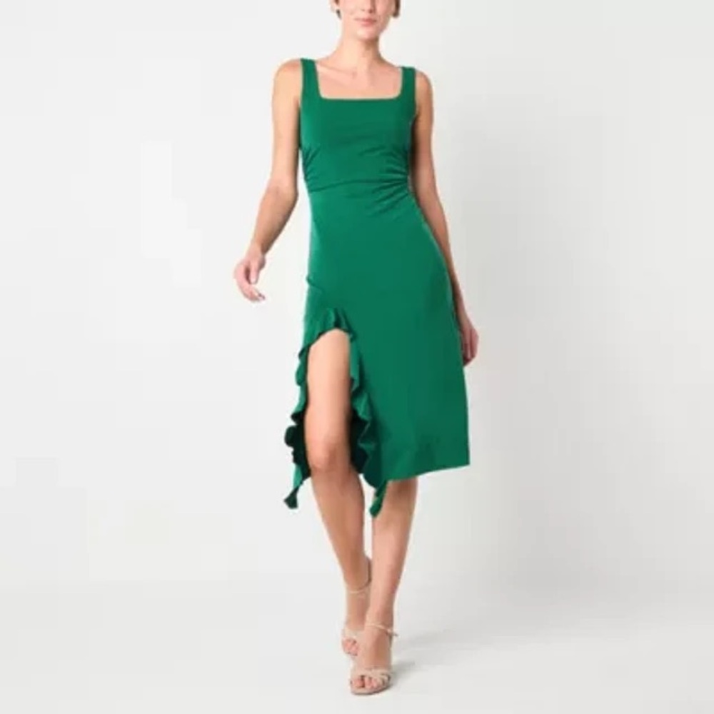 Emerald Sundae Hunter Green Cocktail Dress Midi Ruffle Slit NWT Medium Wedding